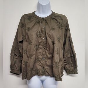 Madewell M OLIVE GREEN (not brown) Top Embroidered Button Down Shirt Cotton